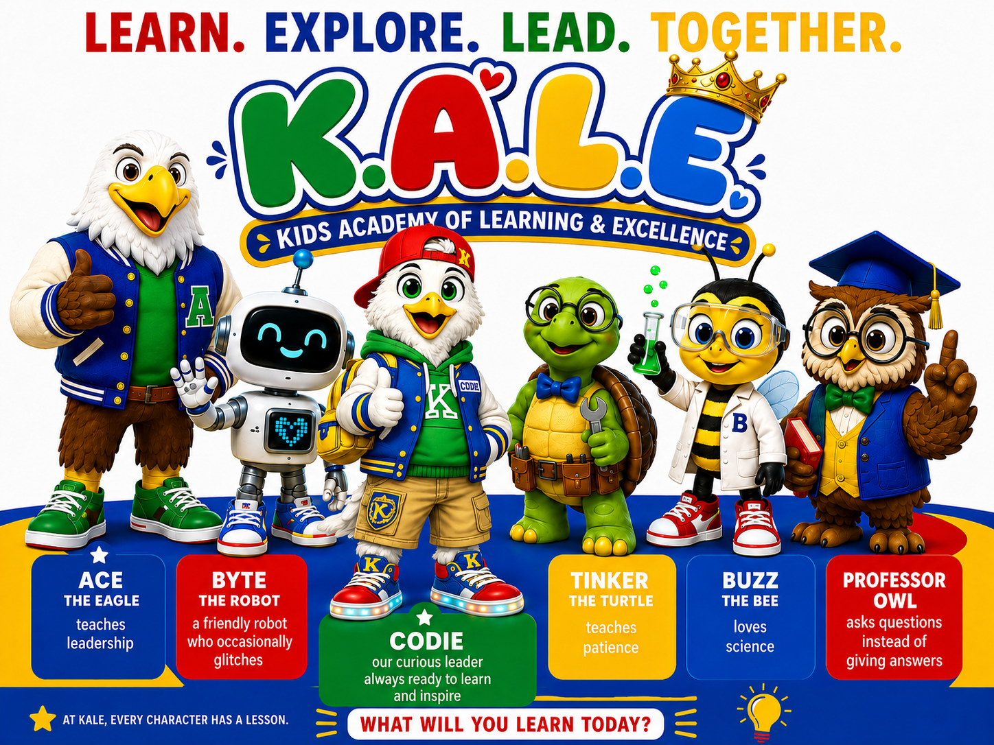KALE mascot crew - Ace the Eagle, Byte the Robot, Codie, Tinker the Turtle, Buzz the Bee and Professor Owl